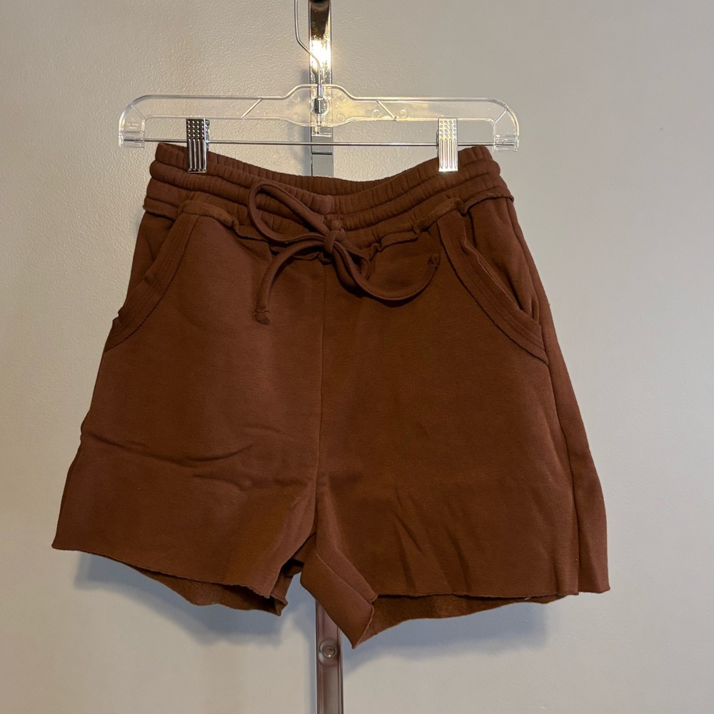 Zenana Women's Brown Fleece Raw Hem Shorts With Drawstring NWOT S